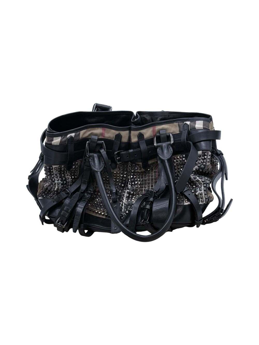 Burberry Prorsum Studded Nova Check Buckle Tote Bag – Black Leather & Canvas